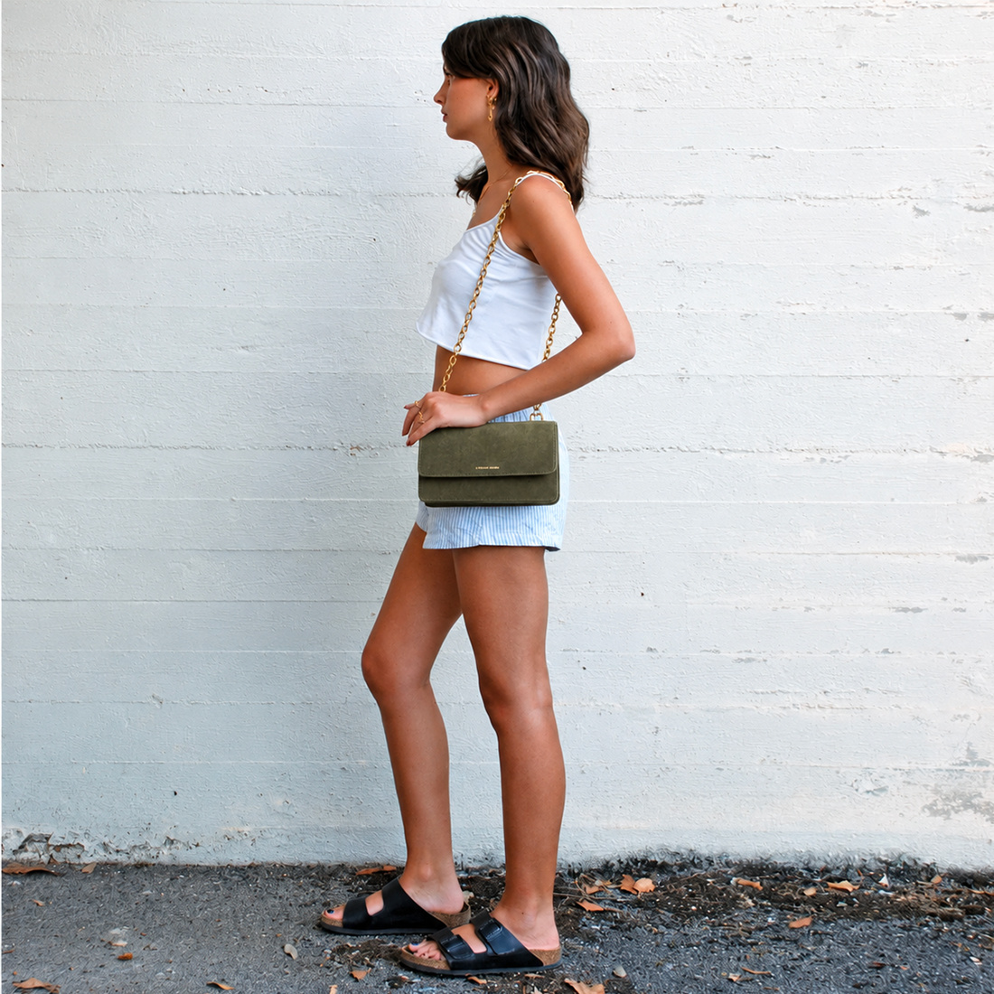 Brenda Sage suede bag – worn view