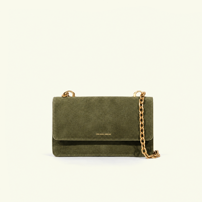 Brenda Sage suede bag – front with chain
